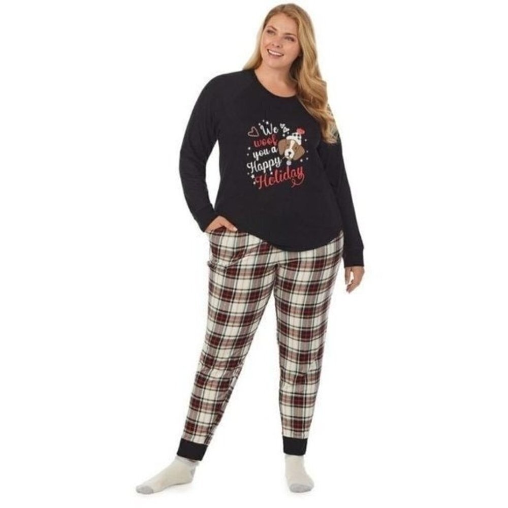 Cuddl Duds Womens Black Dog Sweater Knit Socks Pajamas 3 pc Sets Plus Sz 1X New